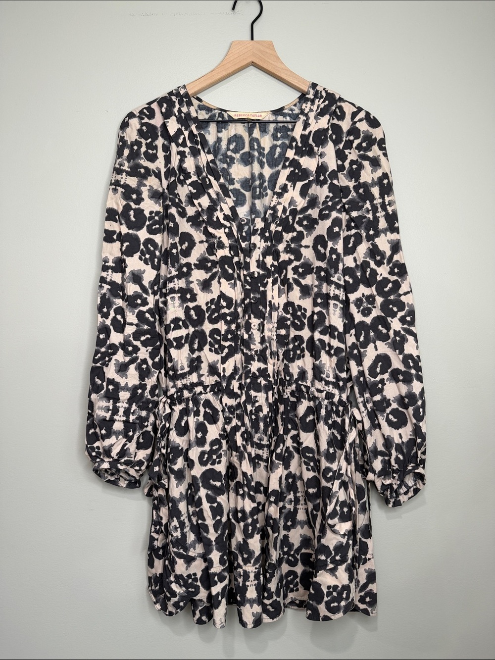 Rebecca Taylor Black and Cream Animal Print Long Sleeve Mini Dress 10 100% Rayon